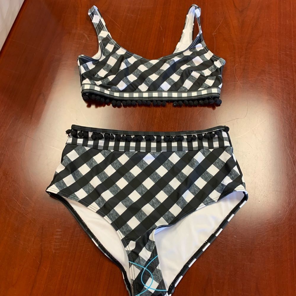 ASOS Black & White Gingham & Pom Pom 2 Pc. High Waisted Swim Suit Bikini sz 8